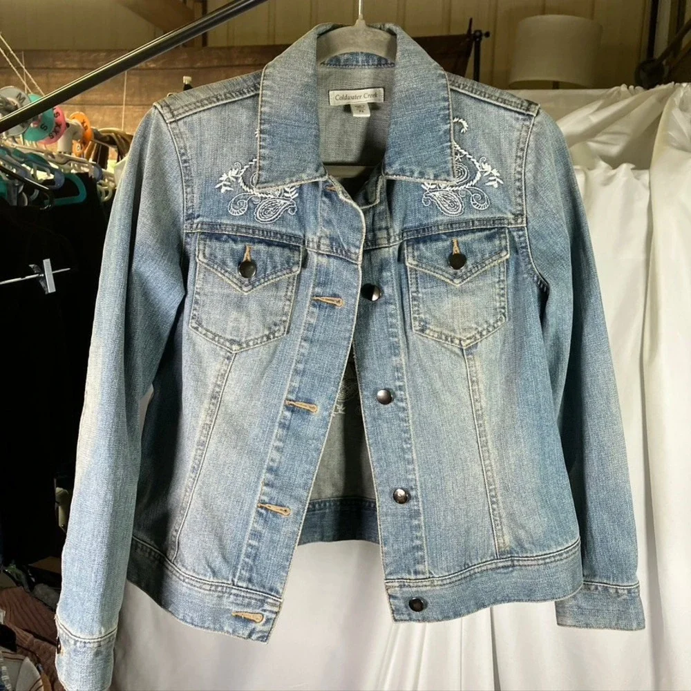 Coldwater Creek Denim Jacket Womens P4 Embroidered Western Jean Coat‎